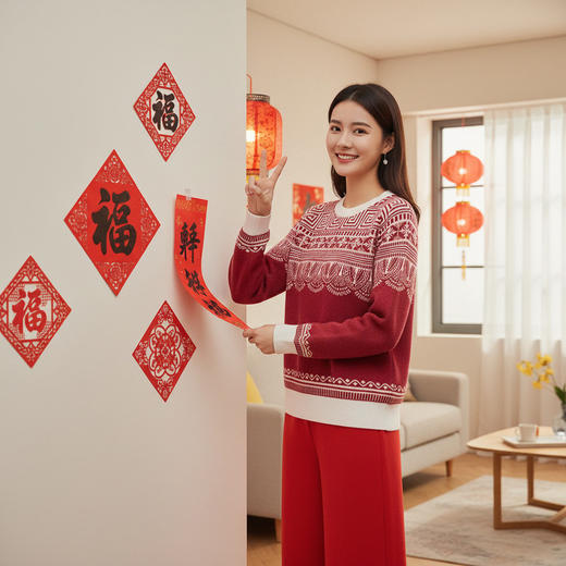 「自」全新升级【铂金会员330/天猫439/差价109】(14436)洛诗琳新年系列红色毛衣2025秋冬国风提花圆领羊毛针织上衣 商品图0