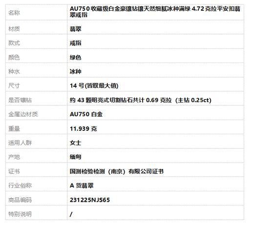 【天然正品】A货翡翠AU750收藏级白金豪镶钻镶天然细腻冰种满绿4.72克拉平安扣翡翠戒指14号(皆取最大值) 231225NJS65 商品图8