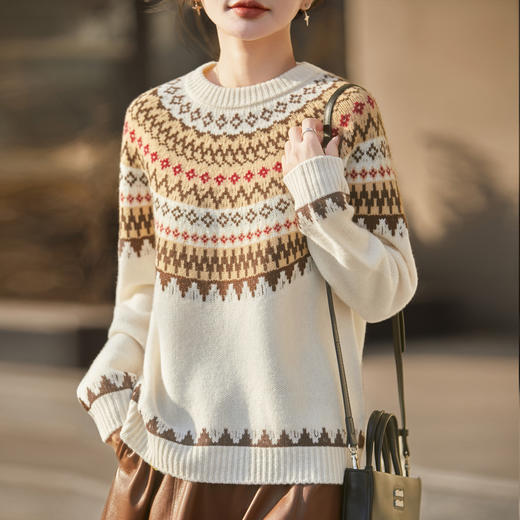 丁摩 费尔岛加厚100%纯羊毛红色提花针织衫NS-5270 商品图1