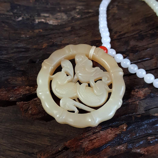 【天然正品】天然新疆料细腻油润度佳镂空锦鲤戏莲平安无事牌糖料和田玉珠串项链50.6*50.6*7.9MM(皆取最大值) 171225NJS56 商品图6