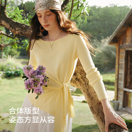 欧芮儿2026春新款法式一字领设计感绑带长袖套头羊毛针织衫上衣女 商品图0