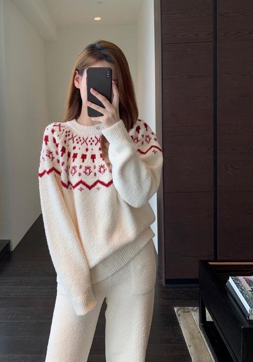 冬日氛围感～费尔岛纹半边绒新年圣诞红色套头睡衣女秋冬甜美软糯家居服套装 商品图1