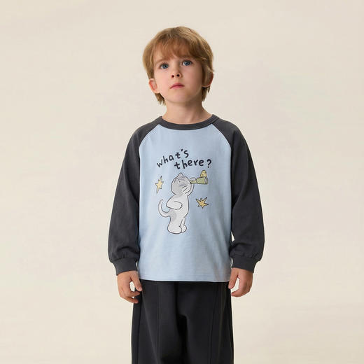 马克珍妮好奇猫咪男童拼色纯棉T恤2026年春装新款560018 商品图2