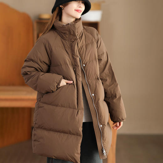 丁摩 立领双头拉链羽绒服女中长款白鸭绒保暖加厚外套23842 商品图2