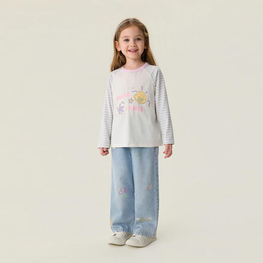 马克珍妮多彩条纹女童纯棉手绘T恤2026年春装新款560119 商品图1