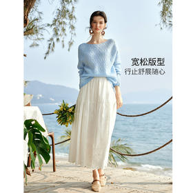 欧芮儿2026春新款蓝色菱格提花套头毛衣法式慵懒风一字领毛针织衫