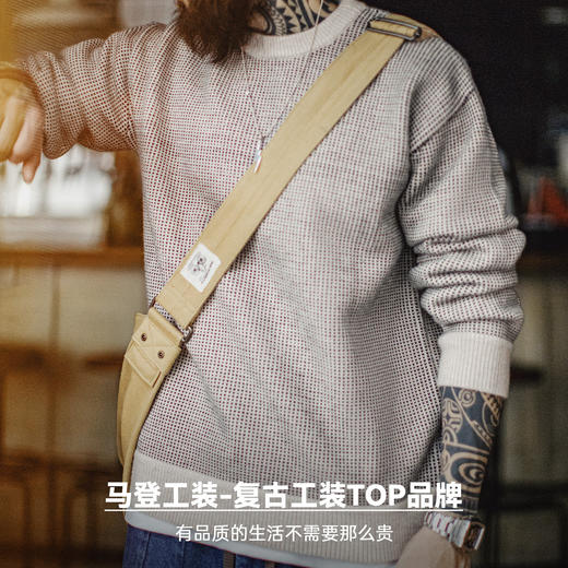 马登工装美式老钱风灰色圆领毛衣套头宽松垂感针织衫保暖外套男春 商品图4