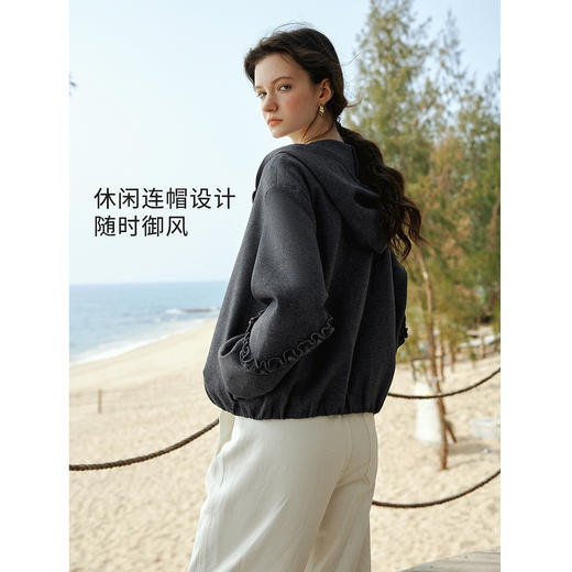 欧芮儿2026春新款木耳边设计感连帽卫衣女宽松慵懒风休闲开衫外套 商品图3
