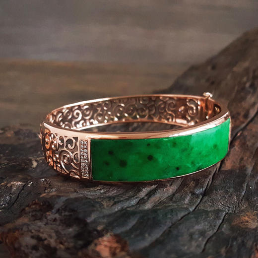 【天然正品】A货翡翠AU750收藏级玫瑰金镶钻镶天然细腻细豆种满绿57号翡翠手镯 191225TJ35 商品图3