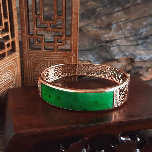 【天然正品】A货翡翠AU750收藏级玫瑰金镶钻镶天然细腻细豆种满绿57号翡翠手镯 191225TJ35 商品图5