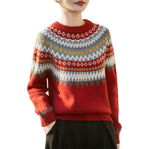 丁摩 费尔岛加厚100%纯羊毛红色提花针织衫NS-5270 商品图4