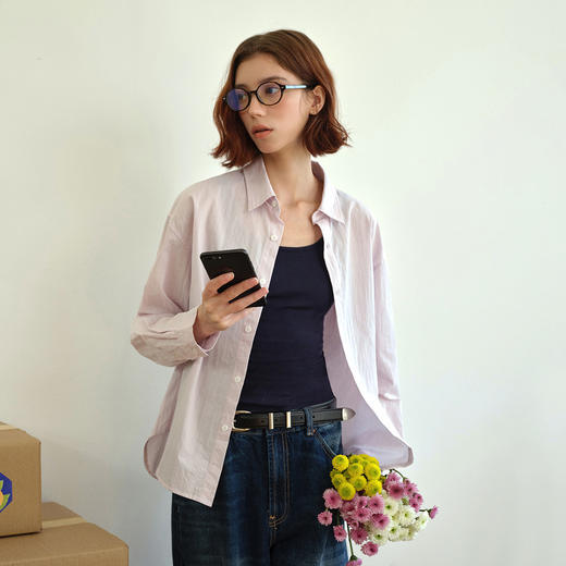 714street微皱肌理感长袖衬衫男2026春季潮牌宽松多巴胺情侣衬衣 商品图4