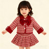 Hania2026年新年 女童夹棉加厚小香风套装冬季中小童红色千鸟格拜年服两件套90-140★ 商品缩略图0