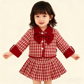 Hania2026年新年 女童夹棉加厚小香风套装冬季中小童红色千鸟格拜年服两件套90-140★