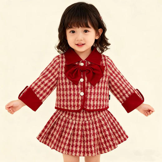 Hania2026年新年 女童夹棉加厚小香风套装冬季中小童红色千鸟格拜年服两件套90-140★ 商品图0