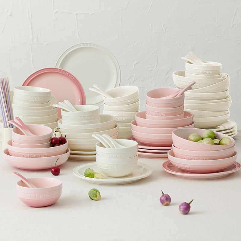 温仑山Velosan 鹅卵石系列渐变陶瓷餐具14件套装 奶油白&落樱粉餐具绝美上线；高颜值礼盒装；精选釉下彩工艺，微波炉、洗碗机、消毒机通用