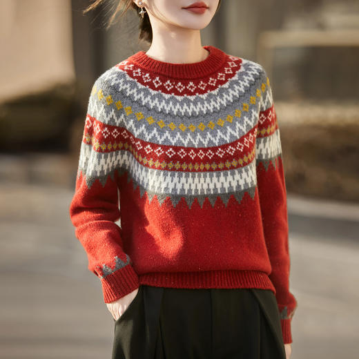 丁摩 费尔岛加厚100%纯羊毛红色提花针织衫NS-5270 商品图3