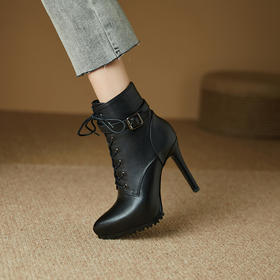 【预售5天】真皮防水台马丁靴秋冬新款超高跟鞋圆头靴子粗跟小个子短靴1&858