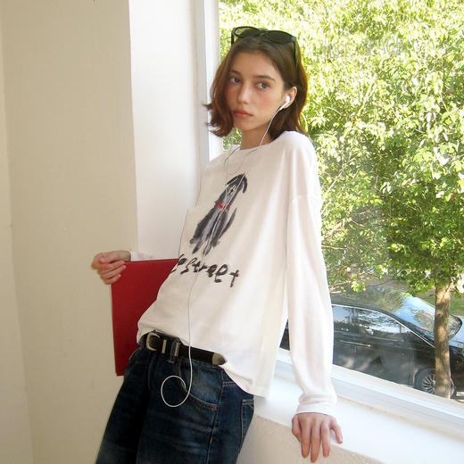 714street莱赛尔凉感小狗长袖T恤女2026春季新款宽松雪花肌理罩衫 商品图1