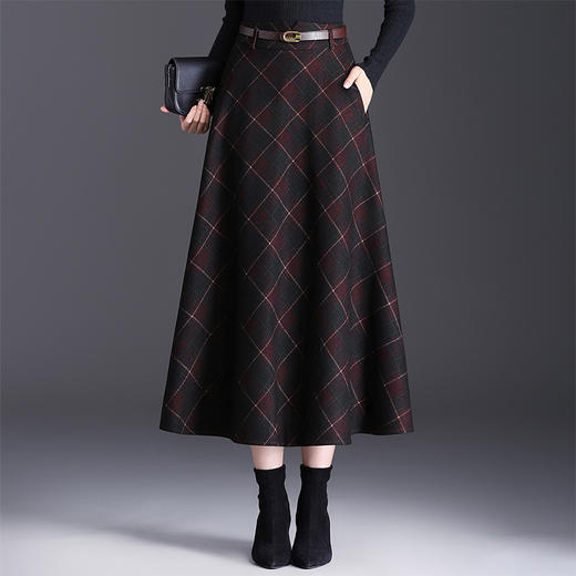 格纹通勤A字裙中长款修身百褶大摆裙QYM-KYL-016-L 商品图0
