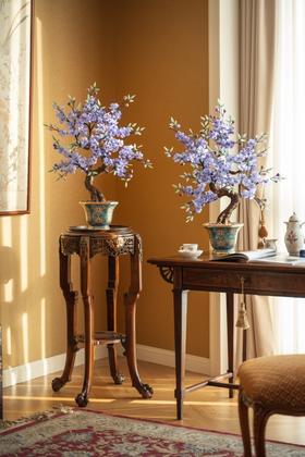 【已售】独角鹿西洋古董20世纪中国出品宝相花纹景泰蓝盆装饰「碧桃花开」珍宝像生盆景一对