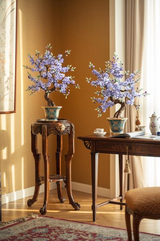 【已售】独角鹿西洋古董20世纪中国出品宝相花纹景泰蓝盆装饰「碧桃花开」珍宝像生盆景一对 商品图0