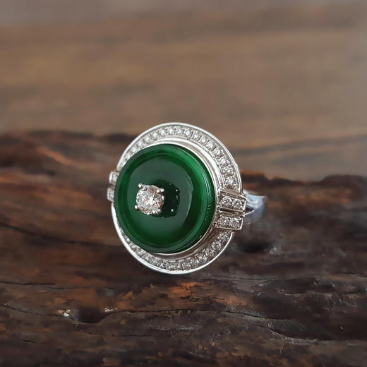 【天然正品】A货翡翠AU750收藏级白金豪镶钻镶天然细腻冰种满绿4.72克拉平安扣翡翠戒指14号(皆取最大值) 231225NJS65 商品图5