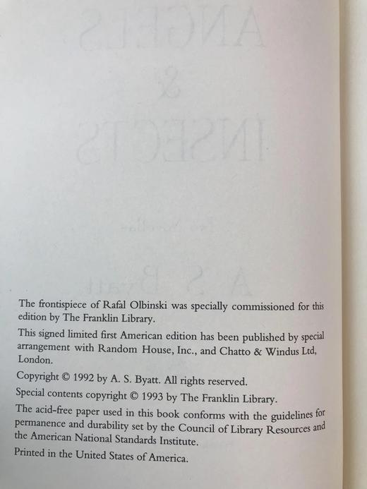 签名首版！限量版！A・S・拜厄特《天使与昆虫》配插图 富兰克林图书馆豪华皮装本 商品图4