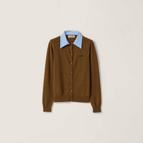 MIU-S 衬衫领拼接羊绒开衫（烟草色）