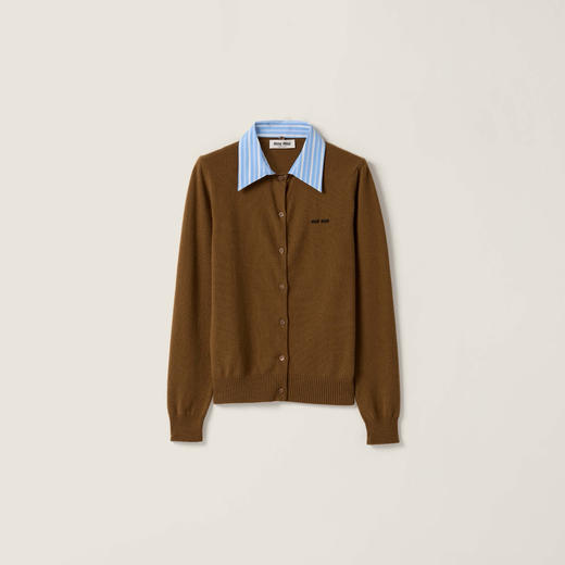 MIU-S 衬衫领拼接羊绒开衫（烟草色） 商品图0