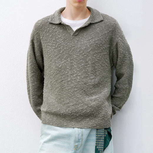 714street潮牌老钱风毛衣男款2026春季新款宽松肌理感长袖polo衫 商品图1