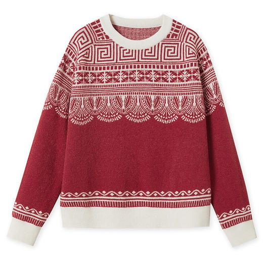 「自」全新升级【铂金会员330/天猫439/差价109】(14436)洛诗琳新年系列红色毛衣2025秋冬国风提花圆领羊毛针织上衣 商品图4