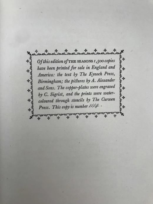 The Nonesuch Press私人出版社限量1500册 原品铜版画手工上彩插图 1927年 詹姆斯·汤姆森《四季》 亨利·雅基耶5幅插图 布面精装16开 商品图9