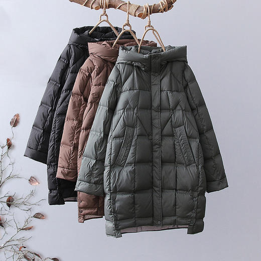 丁摩 中长款白鸭绒羽绒服女时尚洋气厚款压胶连帽羽绒保暖外套23196 商品图0