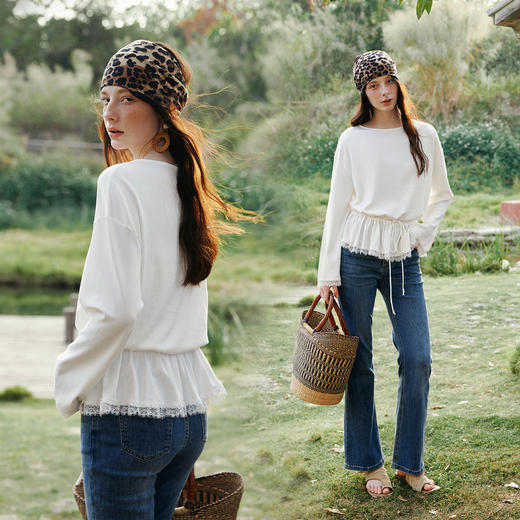 欧芮儿26春新款花苞型抽绳腰带蕾丝拼接T恤女长袖白色一字领上衣 商品图2