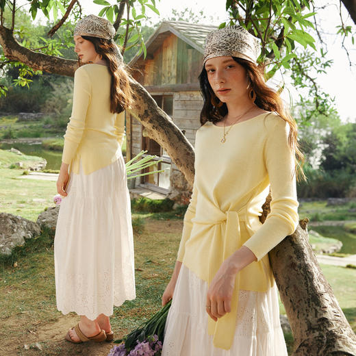 欧芮儿2026春新款法式一字领设计感绑带长袖套头羊毛针织衫上衣女 商品图2