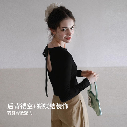 欧芮儿天丝黑色显瘦背后镂空蝴蝶结长袖T恤女春2026新款圆领上衣 商品图1