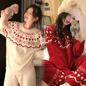 冬日氛围感～费尔岛纹半边绒新年圣诞红色套头睡衣女秋冬甜美软糯家居服套装