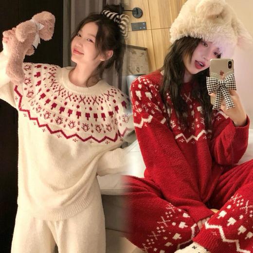 冬日氛围感～费尔岛纹半边绒新年圣诞红色套头睡衣女秋冬甜美软糯家居服套装 商品图0