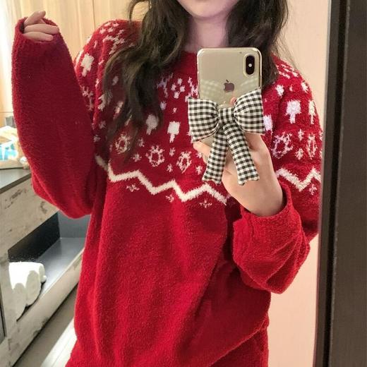 冬日氛围感～费尔岛纹半边绒新年圣诞红色套头睡衣女秋冬甜美软糯家居服套装 商品图6