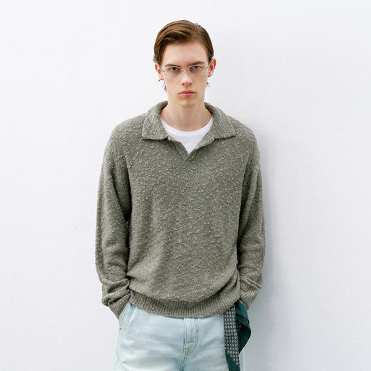 714street潮牌老钱风毛衣男款2026春季新款宽松肌理感长袖polo衫 商品图0