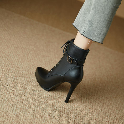 【预售5天】真皮防水台马丁靴秋冬新款超高跟鞋圆头靴子粗跟小个子短靴1&858 商品图2