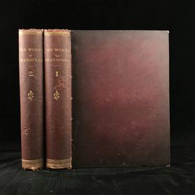 38*29cm！约19世纪中期 殿版莎士比亚作品集（全2卷） 44幅精美钢版画 漆布精装