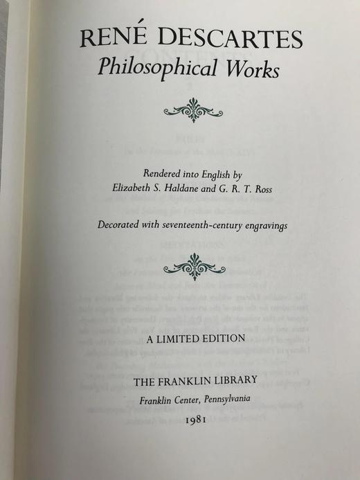 限量版！含藏书票  笛卡尔《笛卡尔哲学著作集》 配插图 富兰克林图书馆豪华皮装本 商品图2