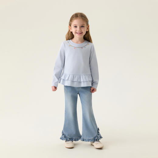 马克珍妮甜美花边女童轻弹牛仔微喇裤2026年春装新款560150 商品图1