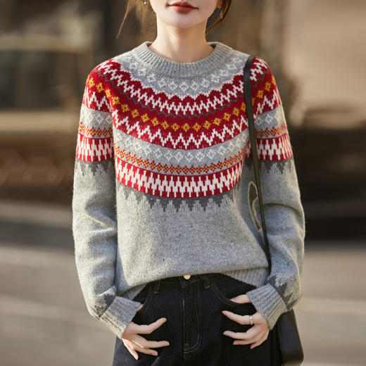 丁摩 费尔岛加厚100%纯羊毛红色提花针织衫NS-5270 商品图2