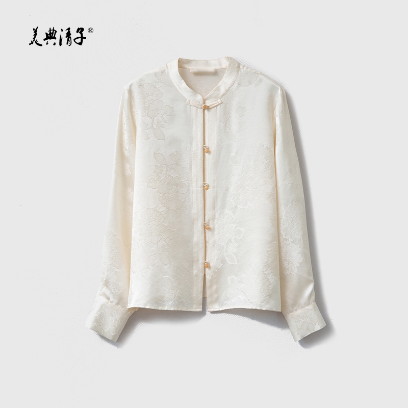 2026春新中式真丝提花立领单排盘扣长袖衬衫