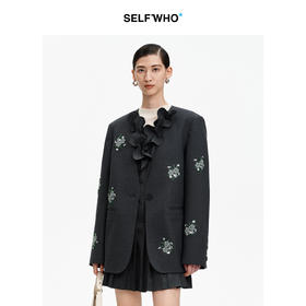 SELFWHO绿绒蒿珠绣一粒扣V领外套女2026春季新款宽肩通勤气质上衣