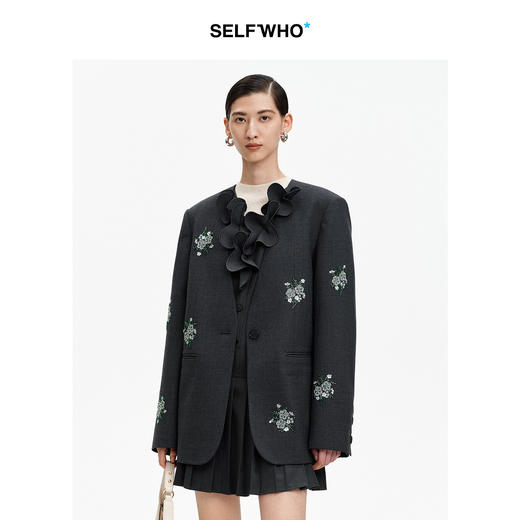 SELFWHO绿绒蒿珠绣一粒扣V领外套女2026春季新款宽肩通勤气质上衣 商品图0