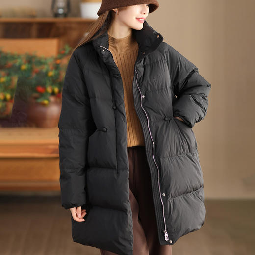 丁摩 立领双头拉链羽绒服女中长款白鸭绒保暖加厚外套23842 商品图3